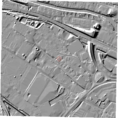 Shaded relief map of the ground around LN67FN, computed from Environment Agency LiDAR. The ground here sits at about 6 m above sea level and falls 10 m across the surrounding 800 m. Surface water reaching this point runs off ground lying to the west, 3.2 m higher.