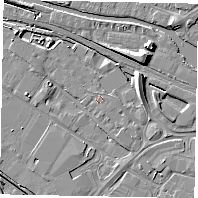 Shaded relief map of the ground around LN67FP, computed from Environment Agency LiDAR. The ground here sits at about 6 m above sea level and falls 10 m across the surrounding 800 m. Surface water reaching this point runs off ground lying to the south-south-east, 0.9 m higher.
