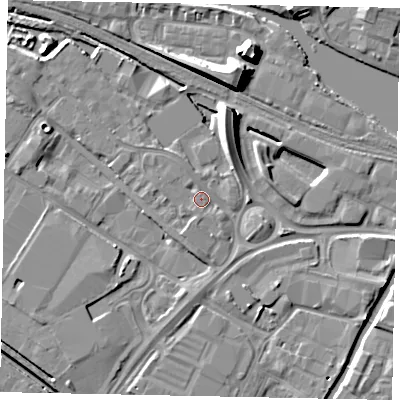 Shaded relief map of the ground around LN67FQ, computed from Environment Agency LiDAR. The ground here sits at about 6 m above sea level and falls 10 m across the surrounding 800 m. Surface water reaching this point runs off ground lying to the north-north-east, 7.5 m higher.