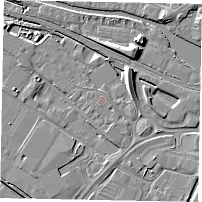 Shaded relief map of the ground around LN67FR, computed from Environment Agency LiDAR. The ground here sits at about 6 m above sea level and falls 10 m across the surrounding 800 m. Surface water reaching this point runs off ground lying to the south, 1.5 m higher.
