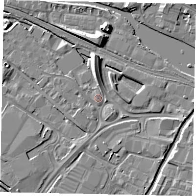 Shaded relief map of the ground around LN67FS, computed from Environment Agency LiDAR. The ground here sits at about 5 m above sea level and falls 10 m across the surrounding 800 m. Surface water reaching this point runs off ground lying to the north, 7.5 m higher.
