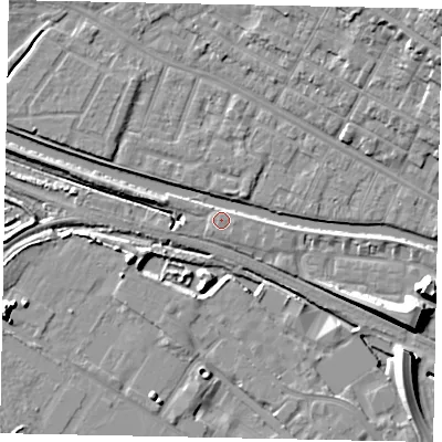 Shaded relief map of the ground around LN67FT, computed from Environment Agency LiDAR. The ground here sits at about 6 m above sea level and falls 14 m across the surrounding 800 m. Surface water reaching this point runs off ground lying to the east, 1.8 m higher.