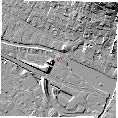 Shaded relief map of the ground around LN67FU, computed from Environment Agency LiDAR. The ground here sits at about 6 m above sea level and falls 35 m across the surrounding 800 m. Surface water reaching this point runs off ground lying to the west-south-west, 8.0 m higher.