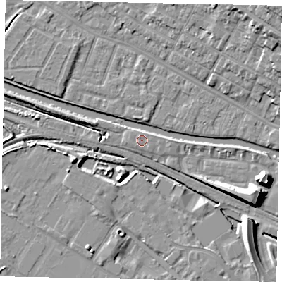 Shaded relief map of the ground around LN67FW, computed from Environment Agency LiDAR. The ground here sits at about 6 m above sea level and falls 14 m across the surrounding 800 m. The ground contributing surface water to this point lies to the north-north-west.