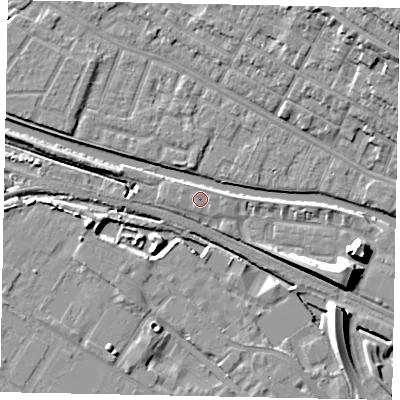 Shaded relief map of the ground around LN67FX, computed from Environment Agency LiDAR. The ground here sits at about 6 m above sea level and falls 15 m across the surrounding 800 m. The ground contributing surface water to this point lies to the east.