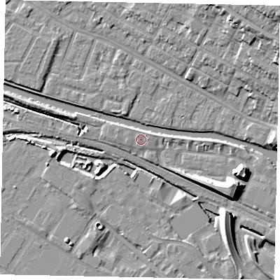 Shaded relief map of the ground around LN67FY, computed from Environment Agency LiDAR. The ground here sits at about 6 m above sea level and falls 15 m across the surrounding 800 m. The ground contributing surface water to this point lies to the north-west.
