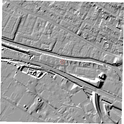 Shaded relief map of the ground around LN67FZ, computed from Environment Agency LiDAR. The ground here sits at about 6 m above sea level and falls 16 m across the surrounding 800 m. Surface water reaching this point runs off ground lying to the east, 1.8 m higher.