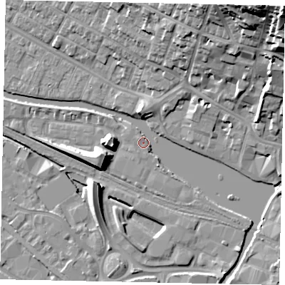 Shaded relief map of the ground around LN67GA, computed from Environment Agency LiDAR. The ground here sits at about 6 m above sea level and falls 39 m across the surrounding 800 m. Surface water reaching this point runs off ground lying to the north-west, 1.7 m higher.