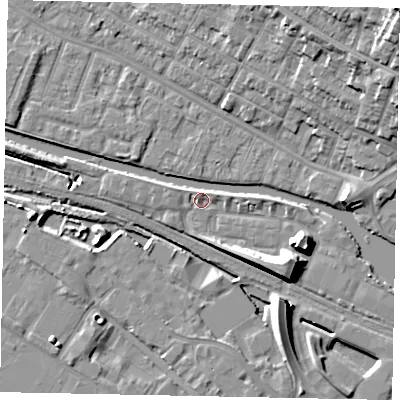 Shaded relief map of the ground around LN67GB, computed from Environment Agency LiDAR. The ground here sits at about 5 m above sea level and falls 22 m across the surrounding 800 m. Surface water reaching this point runs off ground lying to the east-south-east, 8.2 m higher.