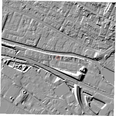 Shaded relief map of the ground around LN67GD, computed from Environment Agency LiDAR. The ground here sits at about 5 m above sea level and falls 23 m across the surrounding 800 m. Surface water reaching this point runs off ground lying to the east-south-east, 8.2 m higher.
