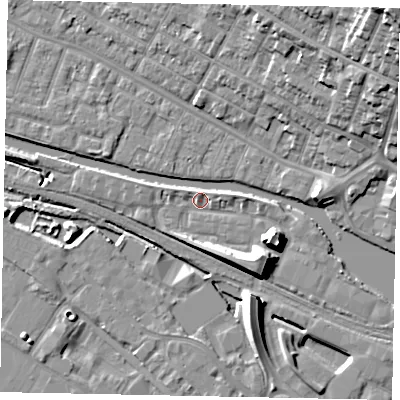Shaded relief map of the ground around LN67GE, computed from Environment Agency LiDAR. The ground here sits at about 5 m above sea level and falls 25 m across the surrounding 800 m. Surface water reaching this point runs off ground lying to the east-south-east, 8.2 m higher.