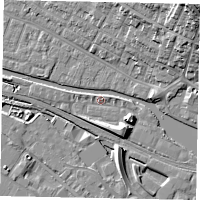 Shaded relief map of the ground around LN67GF, computed from Environment Agency LiDAR. The ground here sits at about 6 m above sea level and falls 29 m across the surrounding 800 m. Surface water reaching this point runs off ground lying to the east-south-east, 8.2 m higher.
