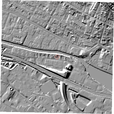 Shaded relief map of the ground around LN67GG, computed from Environment Agency LiDAR. The ground here sits at about 5 m above sea level and falls 33 m across the surrounding 800 m. Surface water reaching this point runs off ground lying to the south-east, 8.2 m higher.