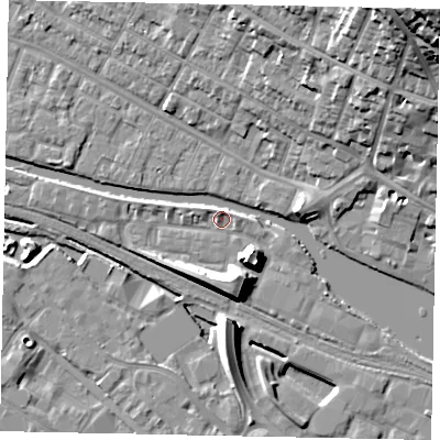 Shaded relief map of the ground around LN67GH, computed from Environment Agency LiDAR. The ground here sits at about 5 m above sea level and falls 34 m across the surrounding 800 m. Surface water reaching this point runs off ground lying to the south-east, 8.2 m higher.