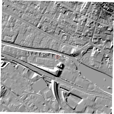 Shaded relief map of the ground around LN67GJ, computed from Environment Agency LiDAR. The ground here sits at about 6 m above sea level and falls 36 m across the surrounding 800 m. Surface water reaching this point runs off ground lying to the south-south-east, 8.1 m higher.
