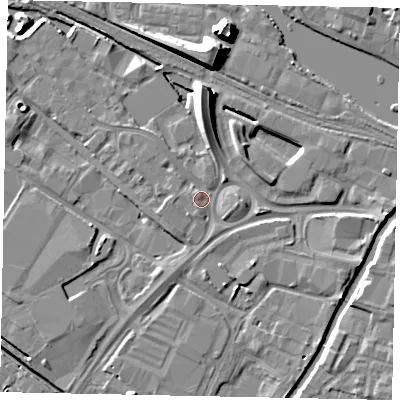 Shaded relief map of the ground around LN67GQ, computed from Environment Agency LiDAR. The ground here sits at about 5 m above sea level and falls 10 m across the surrounding 800 m. Surface water reaching this point runs off ground lying to the north, 7.5 m higher.