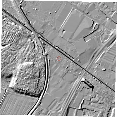 Shaded relief map of the ground around LN67GU, computed from Environment Agency LiDAR. The ground here sits at about 5 m above sea level and falls 8 m across the surrounding 800 m. The ground contributing surface water to this point lies to the north-north-west.