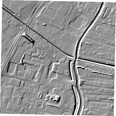 Shaded relief map of the ground around LN67GX, computed from Environment Agency LiDAR. The ground here sits at about 5 m above sea level and falls 8 m across the surrounding 800 m. Surface water reaching this point runs off ground lying to the east, 2.7 m higher.