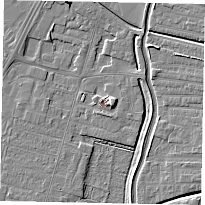 Shaded relief map of the ground around LN67GY, computed from Environment Agency LiDAR. The ground here sits at about 6 m above sea level and falls 8 m across the surrounding 800 m. Surface water reaching this point runs off ground lying to the east-north-east, 4.7 m higher.