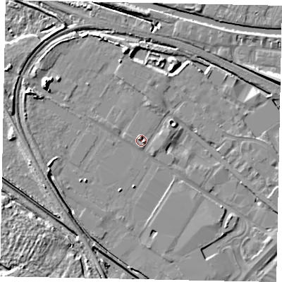 Shaded relief map of the ground around LN67GZ, computed from Environment Agency LiDAR. The ground here sits at about 5 m above sea level and falls 9 m across the surrounding 800 m. Surface water reaching this point runs off ground lying to the north-west, 1.6 m higher.