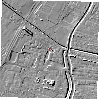 Shaded relief map of the ground around LN67JR, computed from Environment Agency LiDAR. The ground here sits at about 4 m above sea level and falls 8 m across the surrounding 800 m. Surface water reaching this point runs off ground lying to the north-west, 8.3 m higher.