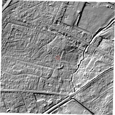 Shaded relief map of the ground around LN67LQ, computed from Environment Agency LiDAR. The ground here sits at about 7 m above sea level and falls 5 m across the surrounding 800 m. Surface water reaching this point runs off ground lying to the north-west, 4.1 m higher.