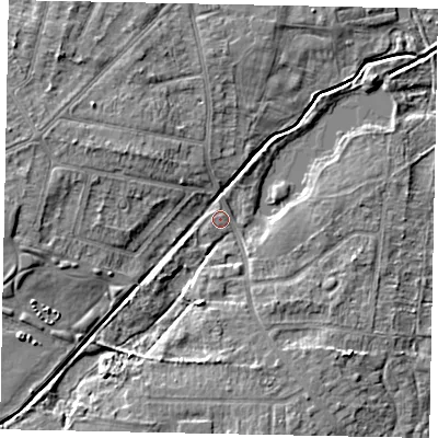 Shaded relief map of the ground around LN67PW, computed from Environment Agency LiDAR. The ground here sits at about 6 m above sea level and falls 7 m across the surrounding 800 m. Surface water reaching this point runs off ground lying to the north, 0.6 m higher.