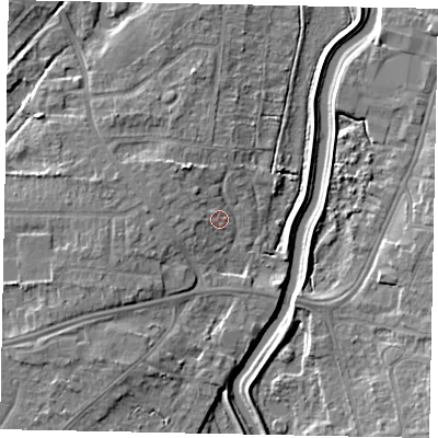 Shaded relief map of the ground around LN67QF, computed from Environment Agency LiDAR. The ground here sits at about 7 m above sea level and falls 7 m across the surrounding 800 m. Surface water reaching this point runs off ground lying to the north-west, 2.4 m higher.