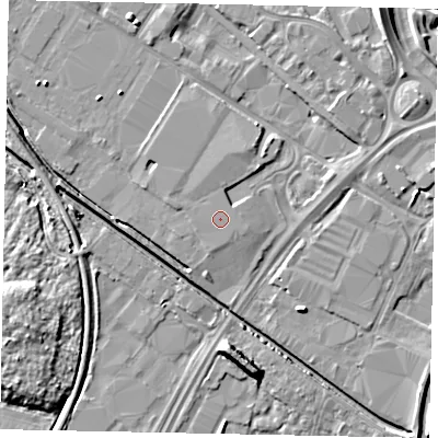 Shaded relief map of the ground around LN67QL, computed from Environment Agency LiDAR. The ground here sits at about 5 m above sea level and falls 8 m across the surrounding 800 m. The ground contributing surface water to this point lies to the south-east.