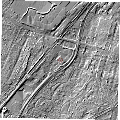 Shaded relief map of the ground around LN67QY, computed from Environment Agency LiDAR. The ground here sits at about 8 m above sea level and falls 6 m across the surrounding 800 m. Surface water reaching this point runs off ground lying to the south-west, 3.9 m higher.