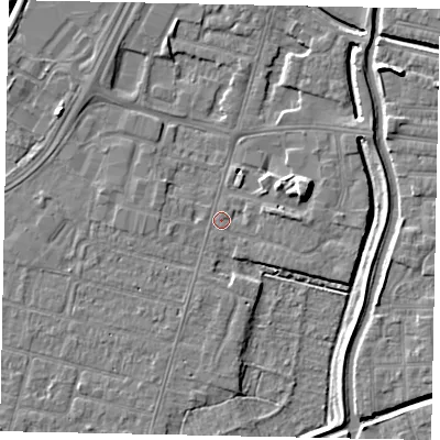 Shaded relief map of the ground around LN67SB, computed from Environment Agency LiDAR. The ground here sits at about 5 m above sea level and falls 7 m across the surrounding 800 m. Surface water reaching this point runs off ground lying to the east-north-east, 5.8 m higher.
