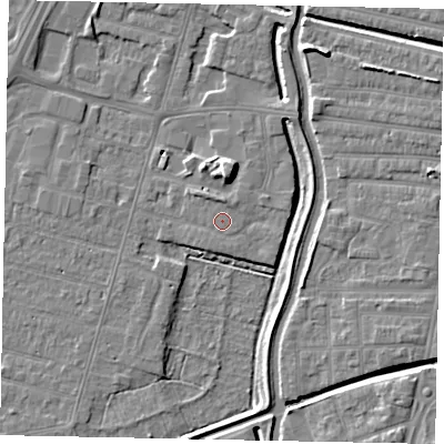 Shaded relief map of the ground around LN67SD, computed from Environment Agency LiDAR. The ground here sits at about 5 m above sea level and falls 7 m across the surrounding 800 m. Surface water reaching this point runs off ground lying to the north-north-east, 1.1 m higher.