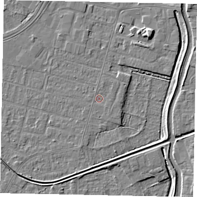 Shaded relief map of the ground around LN67SE, computed from Environment Agency LiDAR. The ground here sits at about 5 m above sea level and falls 7 m across the surrounding 800 m. Surface water reaching this point runs off ground lying to the south-east, 0.6 m higher.