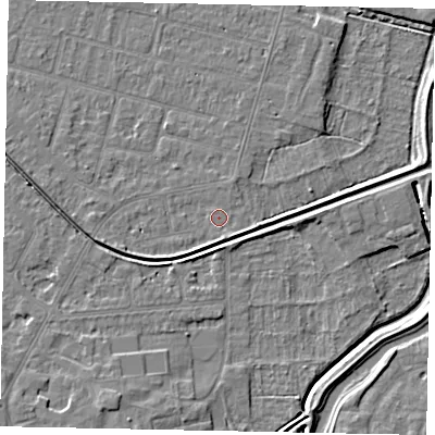 Shaded relief map of the ground around LN67SG, computed from Environment Agency LiDAR. The ground here sits at about 5 m above sea level and falls 6 m across the surrounding 800 m. Surface water reaching this point runs off ground lying to the west-south-west, 2.1 m higher.