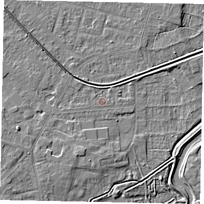 Shaded relief map of the ground around LN67SJ, computed from Environment Agency LiDAR. The ground here sits at about 6 m above sea level and falls 7 m across the surrounding 800 m. The ground contributing surface water to this point lies to the west.
