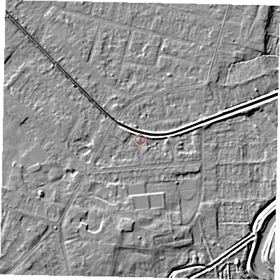 Shaded relief map of the ground around LN67SL, computed from Environment Agency LiDAR. The ground here sits at about 6 m above sea level and falls 7 m across the surrounding 800 m. Surface water reaching this point runs off ground lying to the west-north-west, 1.1 m higher.