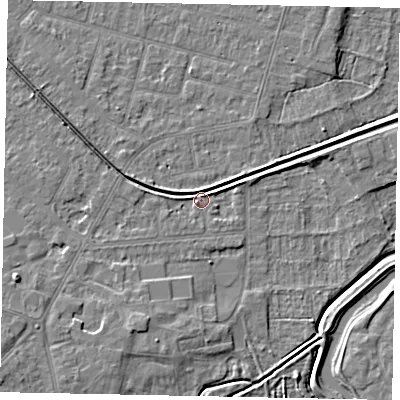 Shaded relief map of the ground around LN67SN, computed from Environment Agency LiDAR. The ground here sits at about 5 m above sea level and falls 7 m across the surrounding 800 m. Surface water reaching this point runs off ground lying to the west-north-west, 2.7 m higher.