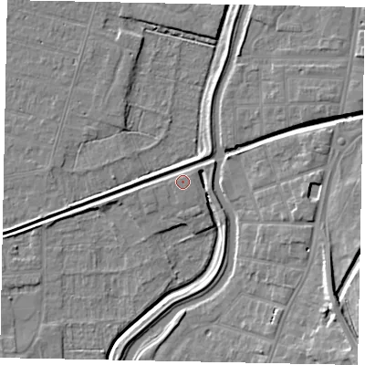 Shaded relief map of the ground around LN67SP, computed from Environment Agency LiDAR. The ground here sits at about 6 m above sea level and falls 12 m across the surrounding 800 m. Surface water reaching this point runs off ground lying to the west-south-west, 1.5 m higher.