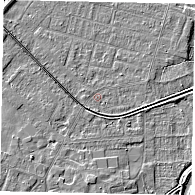 Shaded relief map of the ground around LN67SQ, computed from Environment Agency LiDAR. The ground here sits at about 6 m above sea level and falls 7 m across the surrounding 800 m. Surface water reaching this point runs off ground lying to the south-west, 1.9 m higher.