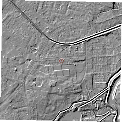Shaded relief map of the ground around LN67SR, computed from Environment Agency LiDAR. The ground here sits at about 6 m above sea level and falls 7 m across the surrounding 800 m. Surface water reaching this point runs off ground lying to the south-west, 2.7 m higher.