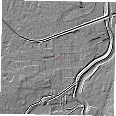 Shaded relief map of the ground around LN67SW, computed from Environment Agency LiDAR. The ground here sits at about 5 m above sea level and falls 6 m across the surrounding 800 m. Surface water reaching this point runs off ground lying to the west-south-west, 5.9 m higher.