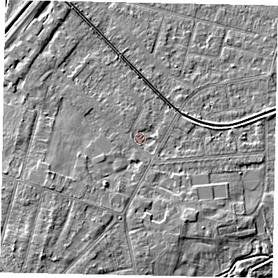 Shaded relief map of the ground around LN67SY, computed from Environment Agency LiDAR. The ground here sits at about 6 m above sea level and falls 6 m across the surrounding 800 m. Surface water reaching this point runs off ground lying to the west-south-west, 4.3 m higher.