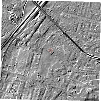 Shaded relief map of the ground around LN67SZ, computed from Environment Agency LiDAR. The ground here sits at about 7 m above sea level and falls 6 m across the surrounding 800 m. The ground contributing surface water to this point lies to the south-west.