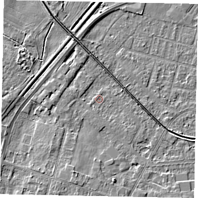 Shaded relief map of the ground around LN67TA, computed from Environment Agency LiDAR. The ground here sits at about 6 m above sea level and falls 6 m across the surrounding 800 m. Surface water reaching this point runs off ground lying to the south, 1.3 m higher.