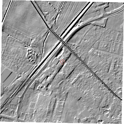 Shaded relief map of the ground around LN67TB, computed from Environment Agency LiDAR. The ground here sits at about 7 m above sea level and falls 6 m across the surrounding 800 m. Surface water reaching this point runs off ground lying to the south-west, 3.8 m higher.