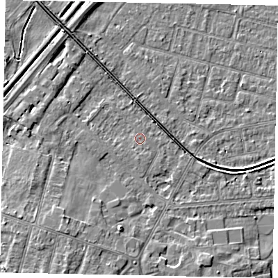 Shaded relief map of the ground around LN67TD, computed from Environment Agency LiDAR. The ground here sits at about 6 m above sea level and falls 6 m across the surrounding 800 m. Surface water reaching this point runs off ground lying to the south, 1.0 m higher.