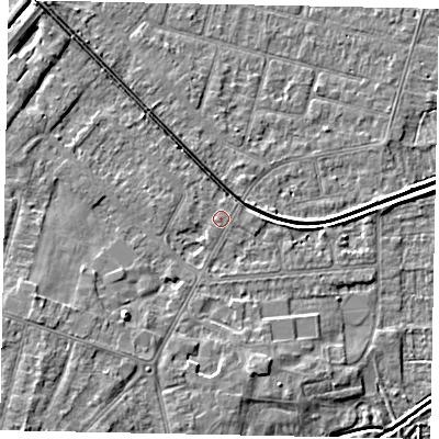 Shaded relief map of the ground around LN67TE, computed from Environment Agency LiDAR. The ground here sits at about 6 m above sea level and falls 6 m across the surrounding 800 m. Surface water reaching this point runs off ground lying to the west-south-west, 4.3 m higher.
