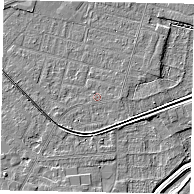 Shaded relief map of the ground around LN67TF, computed from Environment Agency LiDAR. The ground here sits at about 5 m above sea level and falls 7 m across the surrounding 800 m. Surface water reaching this point runs off ground lying to the south-west, 2.5 m higher.
