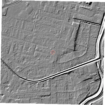 Shaded relief map of the ground around LN67TG, computed from Environment Agency LiDAR. The ground here sits at about 5 m above sea level and falls 7 m across the surrounding 800 m. Surface water reaching this point runs off ground lying to the south-east, 0.5 m higher.