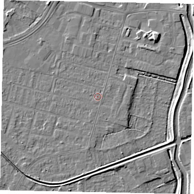 Shaded relief map of the ground around LN67TH, computed from Environment Agency LiDAR. The ground here sits at about 5 m above sea level and falls 7 m across the surrounding 800 m. Surface water reaching this point runs off ground lying to the south-east, 0.6 m higher.